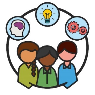 3 people standing together. Above each person is a different icon: the first is a person with their brain showing, the second is a lightbulb, and the third is 2 services icons.