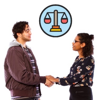 2 people shaking hands. Above them is a scales icon for equality and fairness.