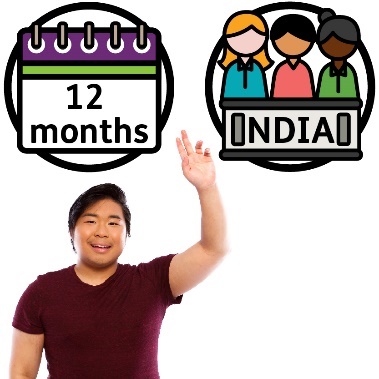 A person raising their hand to say something, an NDIA Board icon and calendar icon that says 12 months.