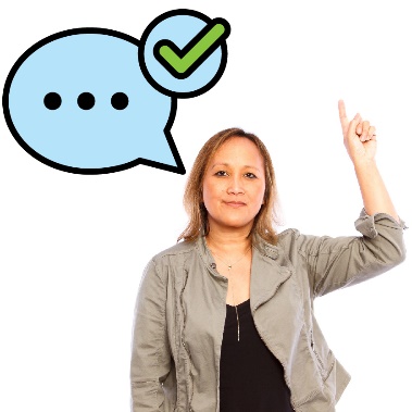 A woman raising her hand with a speech bubble and tick icon.