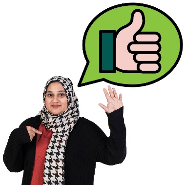 A woman pointing to herself and raising her hand with a thumbs up icon above her.