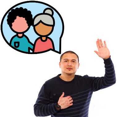 A man point to himself and raising his hand. Above him is a speech bubble with a person supporting another person.