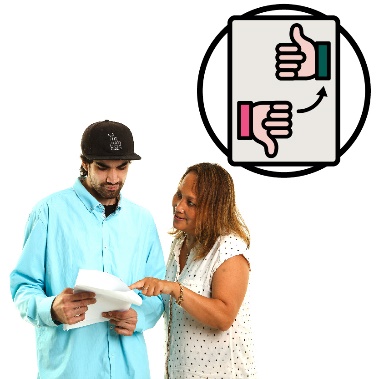 A woman supporting a man with documents. Above them is a thumbs down icon with an arrow pointing to a thumbs up icon.