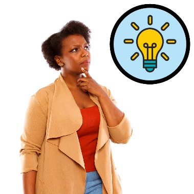 A woman thinking. Next to her is a lightbulb.