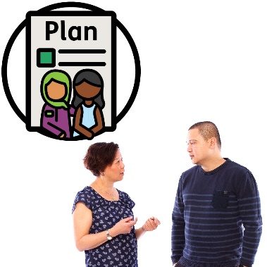 A woman and a man talking with a plan icon above them.