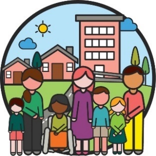 Community icon, a large group of people standing in front of buildings and trees. 