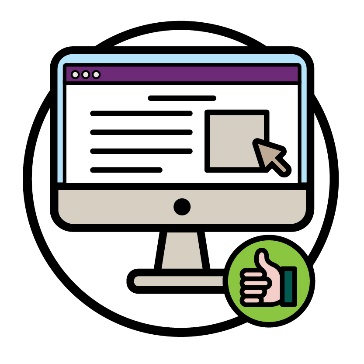 Website icon with a mouse icon pointing to a webpage and a thumbs up icon.