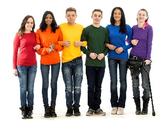 A group of people wearing different coloured shirts. Each colour is a colour of the rainbow.