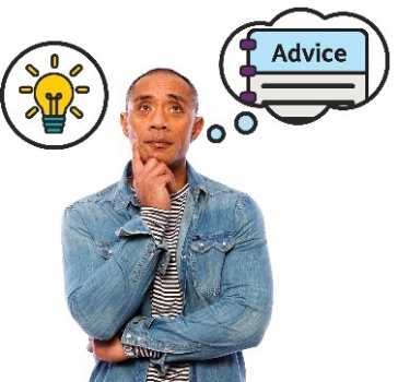 A man is thinking, above him is a thought bubble with an Advice icon in it. Next to him is a lightbulb.