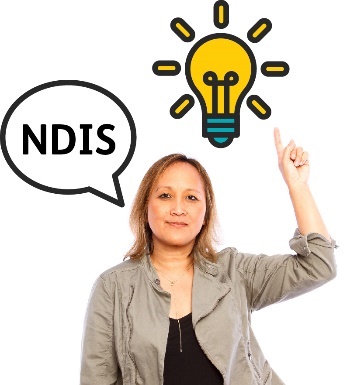 A woman is raising her hand with her finger pointing to a lightbulb. Next to her is a speech bubble that says NDIS.