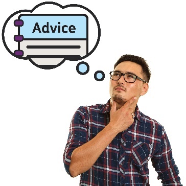 A man is thinking, above him is a thought bubble with an Advice icon in it.