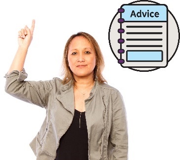 A woman is pointing her finger in the air, next to her is an Advice icon.