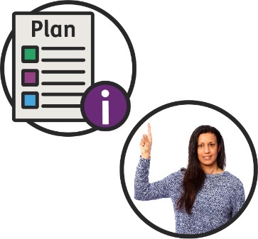 Montage of two images, a plan document with an information icon and a woman with her arm raised. 