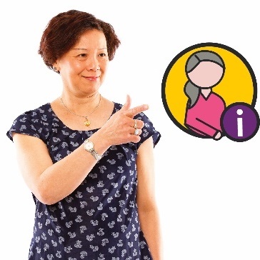 A woman pointing toward a person with an information icon next to them. 