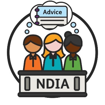 An NDIA board icon with a thought bubble above it, inside is advice. 