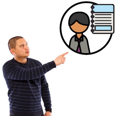 A man pointing to an icon of a business person next to a document.