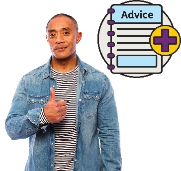 A man is giving a thumbs up, next to him is an Advice icon with a plus icon next to it.