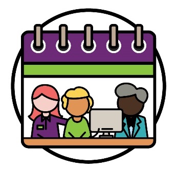 Calendar icon with 3 people next to a computer. One person is an NDIS worker supporting another person.