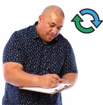 A man is writing something on a clipboard. There is a changes icon next to him.