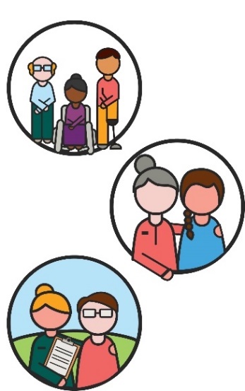 Montage of three icons, a group of people with disability, a carer with her arm around a person and a service provider talking to a man. 