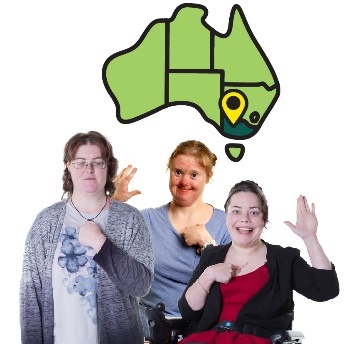 3 women pointing to themselves and raising their hands. Above them is a map of Australia with Victoria highlighted.