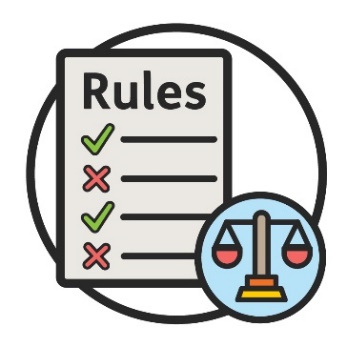 A rules document with ticks and crosses on it. Next to it is an even set of scales. 