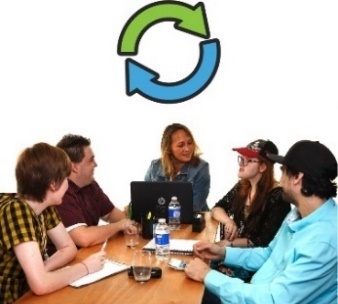 A group of people having a meeting, sitting at a table. Above them is a change icon.