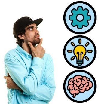 A person with intellectual disability thinking, next to them are three icons showing intellectual disability - a lightbulb, cogs and a brain.