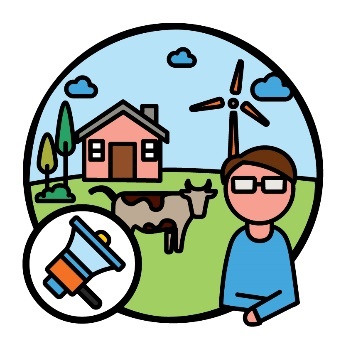 A person in a rural location on a farm. Next to them is a megaphone icon.