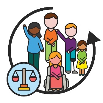 A group of people with different types of disability and a scales icon next to it. There is an arrow going around the group of people.