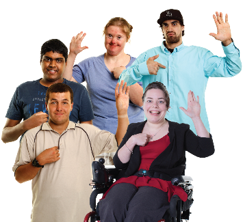 A group of people with disability, they are each pointing toward themselves with their other hand raised. 