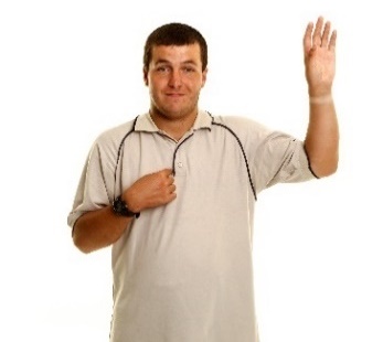 A person pointing to themself with their other hand raised.