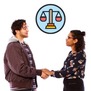 2 people shaking hands. Above them is a scales of justice icon.