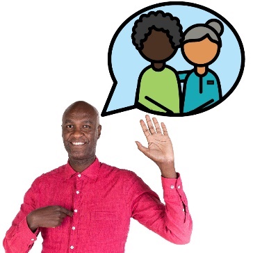 A person pointing to themself with their other hand raised. They have a speech bubble with a participant being supported inside it.