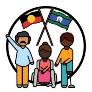 A group of people with the Aboriginal and Torres Strait Islander flags behind them.