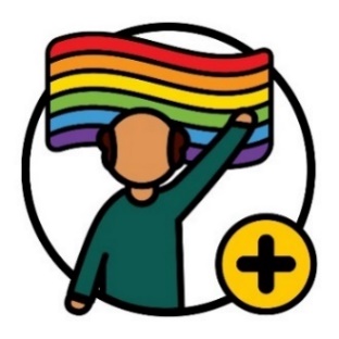 A person raising their hand with a rainbow flag behind them. Next to them is a plus icon.