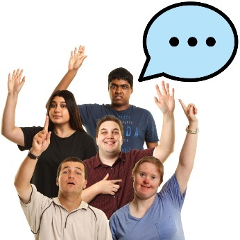 A group of people from the community with their hands raised. Above them is a speech bubble.