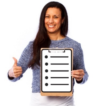 A person holding a document with a bullet list on a clipboard. They are giving a thumbs up.