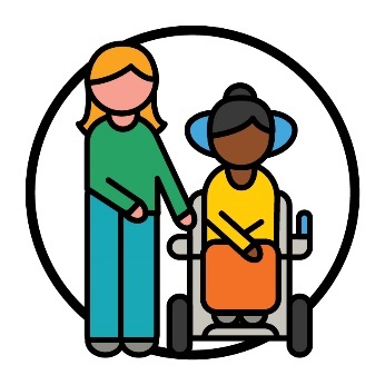 A person in a mobility aid being supported by someone.