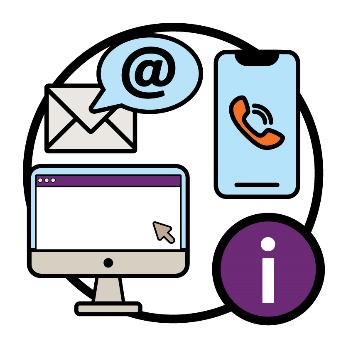 A letter with a speech bubble that has an '@' symbol in it, a mobile phone with a call icon on the screen, a computer with a website on the screen, and an information icon.