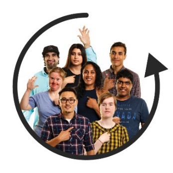 A group of people pointing to themselves with an arrow curving around them.