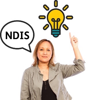A person with a speech bubble that says 'NDIS'. They are pointing above them to a glowing lightbulb icon.