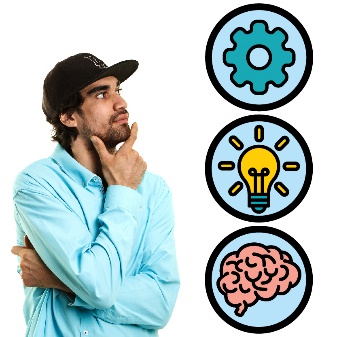 A person with intellectual disability thinking, next to them are three icons showing intellectual disability - a lightbulb, cogs and a brain.