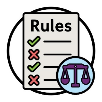 A 'Rules' document with ticks and crosses. Next to the document is the scales of justice.
