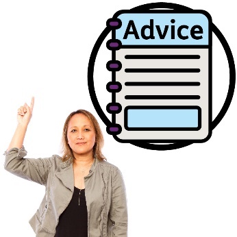 A person with their hand raised. Next to them is an 'Advice' document.