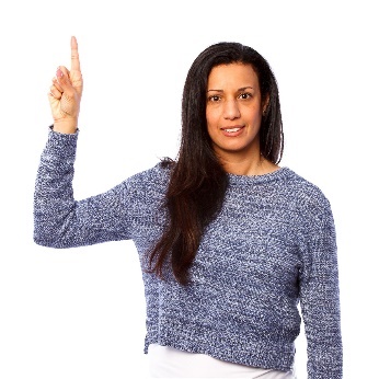 A person with their hand raised and holding one finger up.