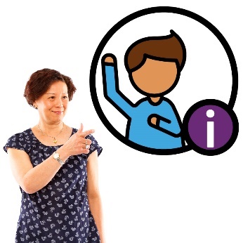 A person pointing and looking at someone with their hand raised and an information icon next to them.