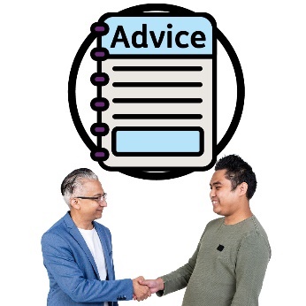 2 people shaking hands and smiling. Above them is an 'Advice' document.