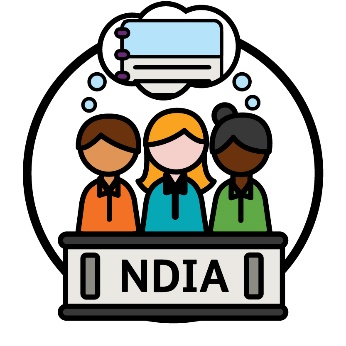 3 people behind a bench that has 'NDIA' on the front. There is a thought bubble above them with an advice document in it.