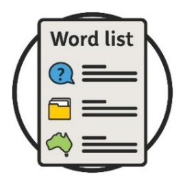 A 'Word list' document with 3 icons that have descriptions next to them.